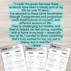 K&ouml;nnte beinhalten: Ein Fitness-Guide mit Trainingsroutinen f&uuml;r die Wochen 2 & 4 und die Wochen 5 & 7. Der Guide enth&auml;lt &Uuml;bungen wie Armkreisen, Ausfallschritte, Sumo-Kniebeugen und Burpees. Der Text auf dem Guide lautet: "Ich habe diesen Guide erstellt, weil diese Workouts seit &uuml;ber 10 Jahren ein fester Bestandteil meines Lebens sind."