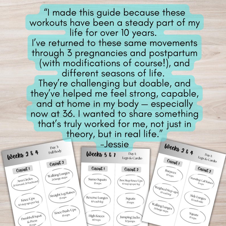 K&ouml;nnte beinhalten: Ein Fitness-Guide mit Trainingsroutinen f&uuml;r die Wochen 2 & 4 und die Wochen 5 & 7. Der Guide enth&auml;lt &Uuml;bungen wie Armkreisen, Ausfallschritte, Sumo-Kniebeugen und Burpees. Der Text auf dem Guide lautet: "Ich habe diesen Guide erstellt, weil diese Workouts seit &uuml;ber 10 Jahren ein fester Bestandteil meines Lebens sind."
