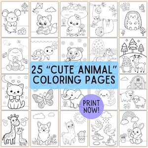 May include: A collection of 25 black and white coloring pages featuring various cute animals, including a mouse, fox, and sloth. The text "25 'CUTE ANIMAL' COLORING PAGES" is displayed prominently.