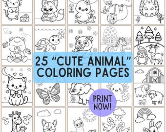 May include: A collection of 25 black and white coloring pages featuring various cute animals, including a mouse, fox, and sloth. The text "25 'CUTE ANIMAL' COLORING PAGES" is displayed prominently.