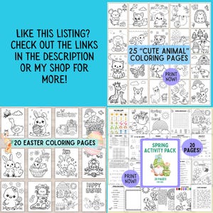 Może przedstawiać: Zbi&oacute;r kolorowanek i stron z aktywnościami do wydrukowania. Zawiera 25 kolorowanek "Cute Animal", 20 kolorowanek wielkanocnych i Spring Activity Pack z 20 stronami. Każda strona ma czarno-białe ilustracje.
