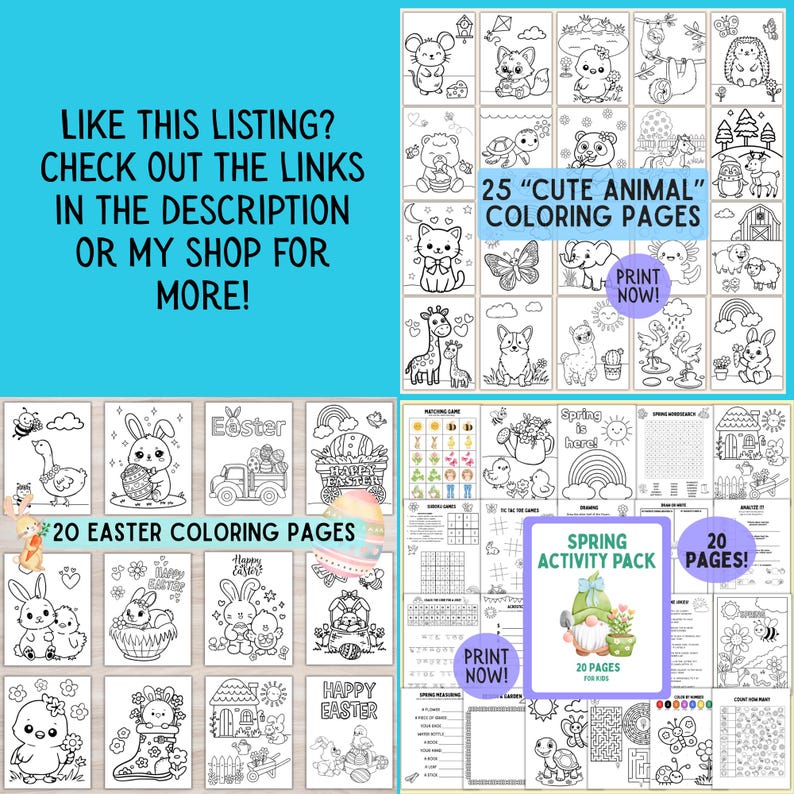 Może przedstawiać: Zbi&oacute;r kolorowanek i stron z aktywnościami do wydrukowania. Zawiera 25 kolorowanek "Cute Animal", 20 kolorowanek wielkanocnych i Spring Activity Pack z 20 stronami. Każda strona ma czarno-białe ilustracje.