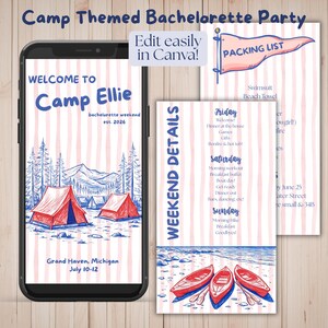 Invito per addio al nubilato in campeggio, modello modificabile, invito digitale per weekend tra ragazze in campeggio, itinerario e lista di cose da portare inclusi.