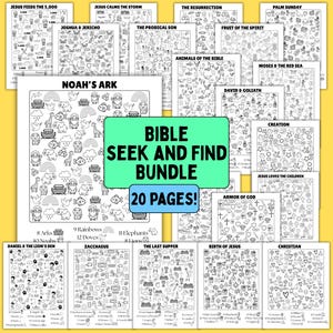 May include: A collection of 20 printable activity sheets featuring black and white line art illustrations for a Bible seek and find bundle. Each page contains various religious themed icons and a list of items to locate, with a central green label.