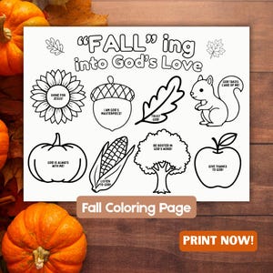 May include: A white coloring page featuring black line art of autumn-themed items including a sunflower, acorn, leaf, squirrel, pumpkin, corn, tree, and apple. Each item contains text such as Shine for Jesus, I Am God's Masterpiece, and Trust God.