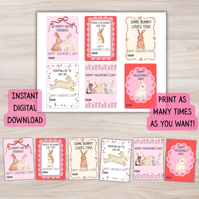 Bunny Valentine Cards for Kids Cute Animal Valentine Cards Printable ...