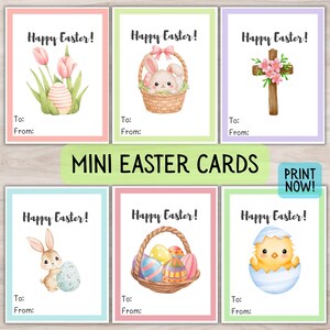 May include: Set of six mini Easter cards with pastel borders. Each card features a watercolor illustration of Easter themes, including a bunny, eggs, and a chick. The text "Happy Easter!" is displayed on each card, with space for "To:" and "From:"