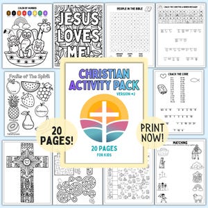 May include: A Christian Activity Pack with 20 pages for children. The cover shows a cross over a colourful sunset. Inside are colouring pages, word searches, and code-breaking activities. The words "Jesus Loves Me" are also visible.