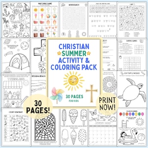 May include: A set of printable Christian summer activity and colouring pages for children. The cover shows a sun illustration, a cross, and a pinwheel. The pack contains 30 pages with various games and colouring activities.