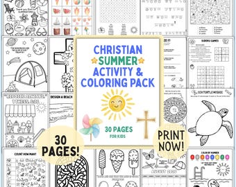 Christliche Sommeraktivität für Kinder | Bibel Ausmalbilder, Wortsuche, Spiele, Arbeitsblätter | Druckbares Glaube-basiertes Sommer Paket
