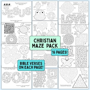 May include: A collection of 16 black and white printable activity pages featuring various maze designs, including shapes like hearts, flowers, and letters spelling JESUS, LOVE, and GOD, accompanied by printed Bible verses on each page.