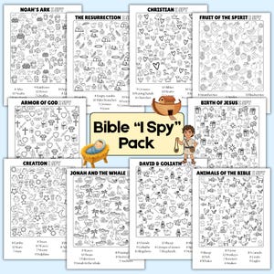 May include: A collection of ten black and white printable activity sheets titled Bible I Spy Pack. Each sheet features various line art illustrations related to biblical themes like Noah's Ark, the Resurrection, and David and Goliath with counting lists.