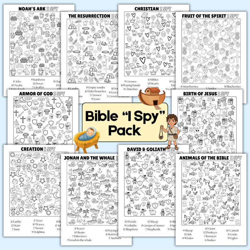 Bible I spy games Christian worksheets for kids Sunday school activity pages seek and find worksheets resurrection nativity birth of Jesus fruits of the spirit armor of god Jonah and the whale David and goliath
