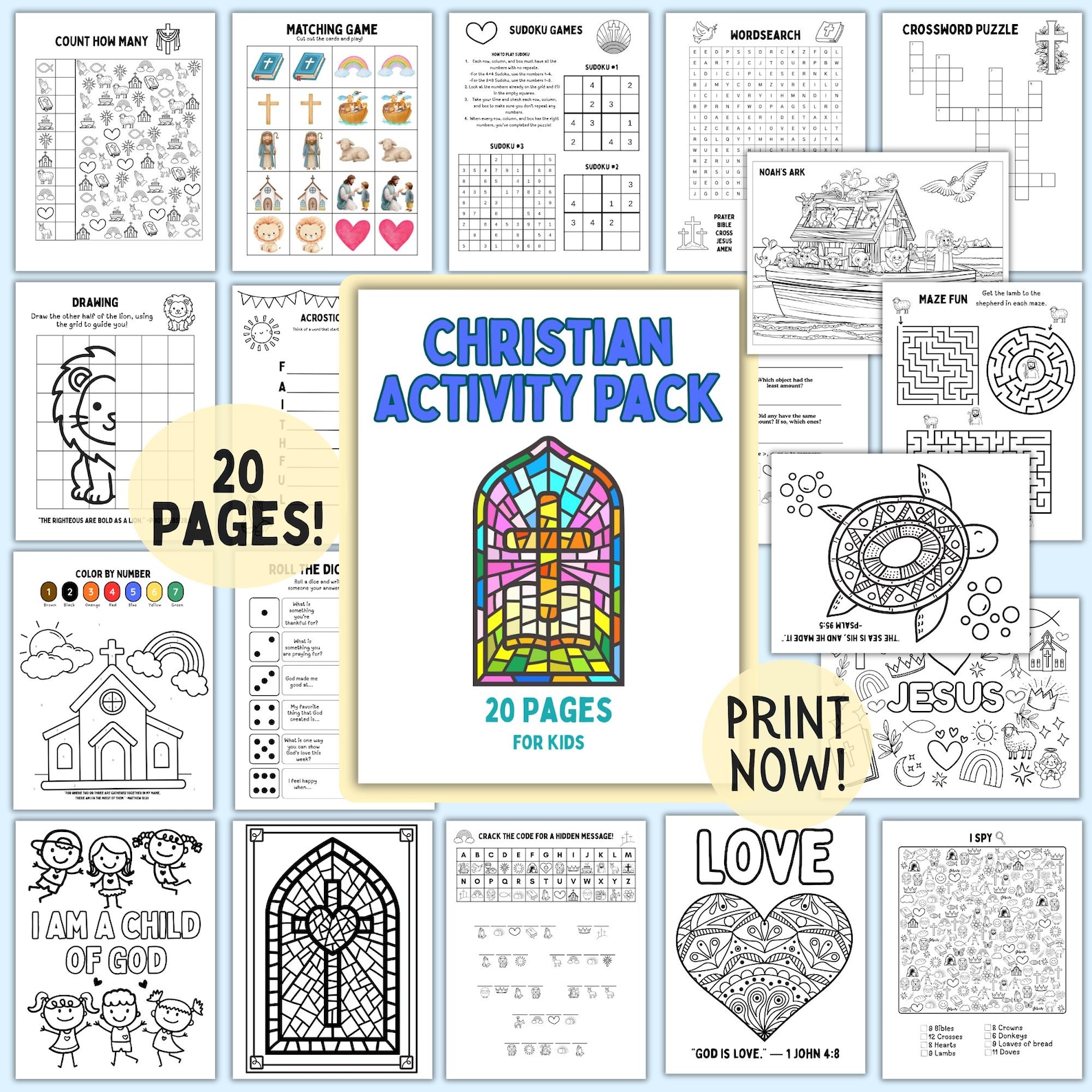 Christian Activity Packet Printable for Kids 20 Page Bible Activity