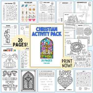 Kristet aktivitetspaket utskrivbart för barn, 20-sidig bibelaktivitetsbok, söndagsskola, kyrka, arbetsblad, religiösa aktiviteter och spel