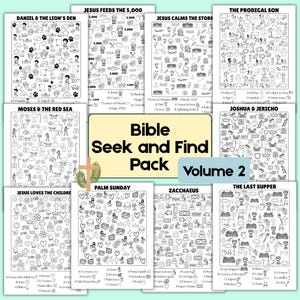 Op de afbeelding: Een verzameling zwart-wit printbare activiteitenbladen getiteld Bible Seek and Find Pack Volume 2. Elke pagina bevat lijntekeningen van bijbelse scènes zoals Daniël in de leeuwenkuil, de wonderbaarlijke broodvermenigvuldiging en het Laatste Avondmaal, met lijsten van te zoeken objecten.