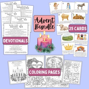 Peut inclure: Un ensemble de l'Avent comprenant des feuilles de dévotion, 25 cartes numérotées avec des illustrations à l'aquarelle et des pages à colorier. L'ensemble inclut le texte Advent Bundle, Devotionals et Coloring Pages autour d'une couronne de bougies roses.