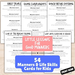 Op de afbeelding: Een set educatieve kaarten getiteld Little Lessons for Good Manners en 54 Manners & Life Skills Cards for Kids. De kaarten bevatten zwarte tekst op een witte achtergrond met koppen zoals Greet People, Giving Compliments en Knock Before Entering.