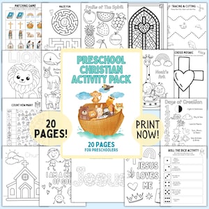Könnte beinhalten: Ein Set von 20 ausdruckbaren christlichen Aktivitätsseiten für Vorschulkinder. Die Seiten enthalten Zuordnungsspiele, Labyrinthe und Ausmalaktivitäten. Themen sind die Arche Noah, die Schöpfungstage und die Früchte des Geistes. Auf dem Cover steht "Preschool Christian Activity Pack".