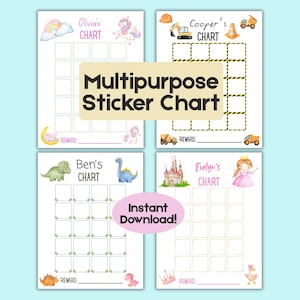 May include: Four printable sticker charts with different themes: unicorns, construction, dinosaurs, and princesses. Each chart has a name field, reward section, and space for stickers. The text "Multipurpose Sticker Chart" and "Instant Download!" are also visible.