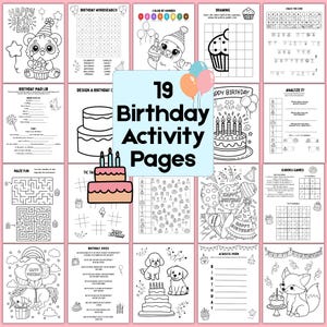 Pode incluir: Um conjunto de 19 páginas de atividades de aniversário, incluindo labirintos, caça-palavras e desenhos. A capa apresenta o texto "19 Birthday Activity Pages" com ilustrações de balões e um bolo de aniversário.