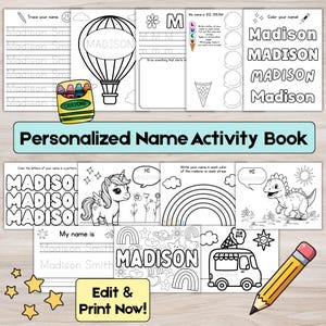 Personalized Name Workbook for Kids Name Tracing Practice Printable Preschool Kindergarten Learning Activity Custom Name Coloring Pages