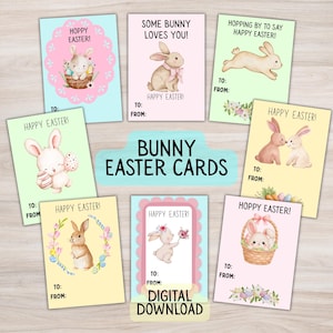 May include: Eight Easter cards with bunny illustrations. Each card has a unique design, featuring bunnies with baskets, eggs, and flowers. Text includes "Happy Easter!" and "Hoppy Easter!" with space for "To:" and "From:" and "Digital Download".