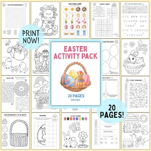 以下が含まれることがあります： 子供向けのイースターアクティビティパック。印刷可能なゲームと塗り絵が20ページあります。表紙には、装飾されたイースターエッグがいっぱい入ったバスケットの水彩イラストが描かれています。ワードサーチ、迷路などを含みます。