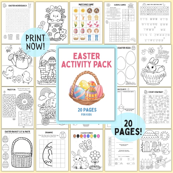 Easter Activity Pack for Kids 20 Page Easter Worksheets, Coloring Pages, Games, Mazes, Word Search, Puzzles, Spring Easter Basket Filler