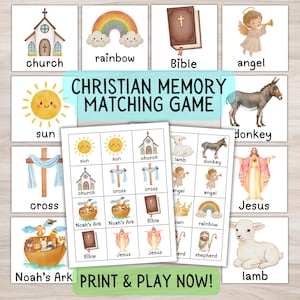 Op de afbeelding: Een christelijk memory-spel met aquarel illustraties van religieuze symbolen en personages. Het spel bevat afbeeldingen van een kerk, regenboog, bijbel, engel, zon, kruis, ark van Noach en Jezus. De tekst "PRINT & PLAY NOW!" is ook zichtbaar.