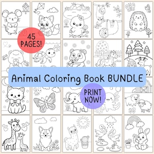 Könnte beinhalten: Eine Sammlung von 20 schwarz-weißen Tier-Malbuchseiten. Die Seiten zeigen verschiedene Tiere, darunter eine Maus, ein Fuchs und eine Katze. Der Text "Animal Coloring Book BUNDLE" wird zusammen mit "45 PAGES!" und "PRINT NOW!" angezeigt.