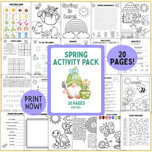 Pode incluir: Um conjunto de 20 páginas de atividades de primavera para imprimir para crianças. A capa apresenta um gnomo com uma pá e um vaso de flores. As atividades incluem jogos de correspondência, caça-palavras, desenho e páginas para colorir. O texto "Print Now!" também é visível.