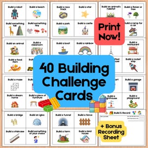May include: A set of 40 Building Challenge Cards with various building prompts, such as a robot, beach, or castle. The cards feature colorful illustrations and the text "Print Now!" is displayed on a red square. Includes a bonus recording sheet.
