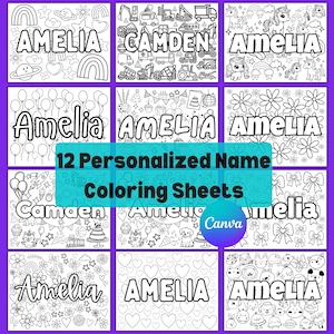 May include: A collection of twelve personalized name coloring sheets, featuring the names Amelia and Camden. Each sheet is decorated with different illustrations, including unicorns, construction vehicles, and floral designs, ready for coloring.