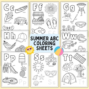 Puede incluir: Hojas para colorear en blanco y negro con ilustraciones de temática veraniega. Incluye letras del alfabeto con imágenes de una canoa, fuegos artificiales, una sandía y una tortuga. El texto "SUMMER ABC COLORING SHEETS" está en el centro.