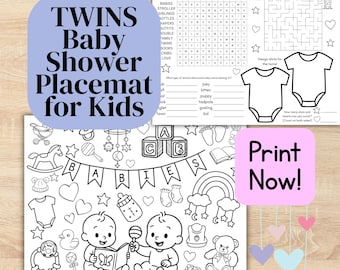 TWINS Baby Shower Coloring Placemat Page for Kids Baby Shower Activities Twin Gender Reveal Idea for Kids Gender Reveal Coloring