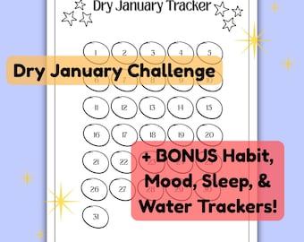 Dry Januar Challenge Printable Pack 30 Tage ohne Alkohol, Gewohnheit, Stimmung, Schlaf und Wasser Wellness-Gesundheit-Tracker für neues Jahr DryJanuary