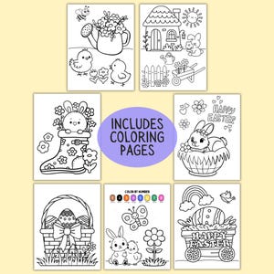 Może przedstawiać: Zbi&oacute;r kolorowanek o tematyce wielkanocnej. Strony zawierają ilustracje kr&oacute;lik&oacute;w, kurczak&oacute;w, kwiat&oacute;w i pisanek. Tekst "INCLUDES COLORING PAGES" znajduje się w fioletowym okręgu. Strony to czarno-białe rysunki liniowe.