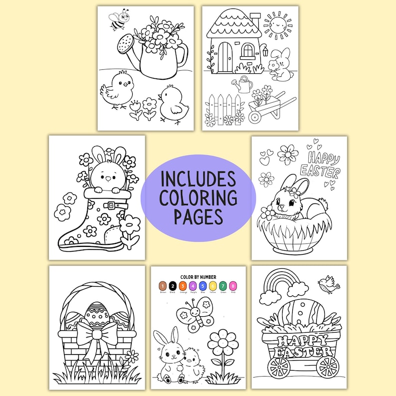 Może przedstawiać: Zbi&oacute;r kolorowanek o tematyce wielkanocnej. Strony zawierają ilustracje kr&oacute;lik&oacute;w, kurczak&oacute;w, kwiat&oacute;w i pisanek. Tekst "INCLUDES COLORING PAGES" znajduje się w fioletowym okręgu. Strony to czarno-białe rysunki liniowe.