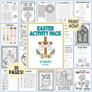May include: An Easter Activity Pack for kids, featuring 20 pages of puzzles, coloring pages, and games. The cover displays a cross with a draped cloth and floral accents, with the text "Easter Activity Pack" and "20 Pages for Kids".