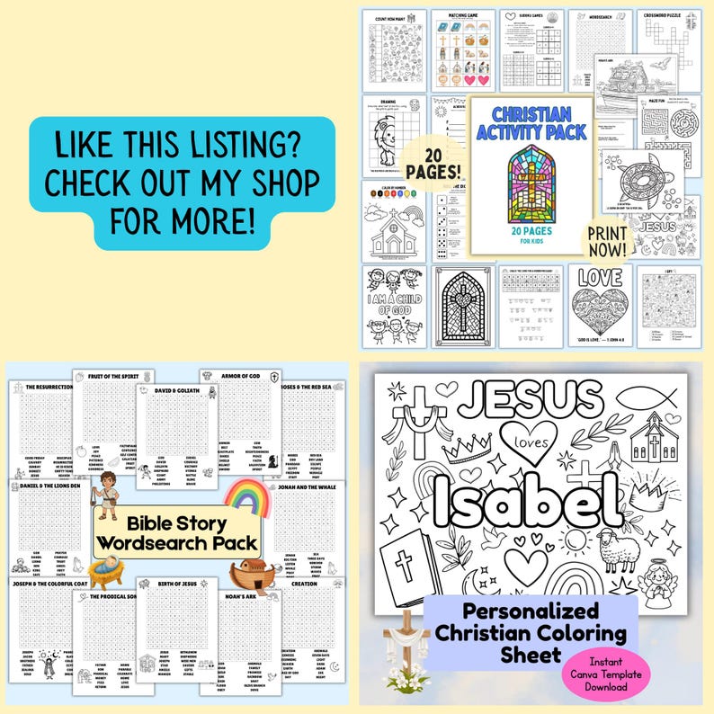 Christian I Spy Activity Packet Bible Story Search and Find Worksheets Religous Sunday School Activity Pages Jesus Puzzle Sheets for Kids image 6