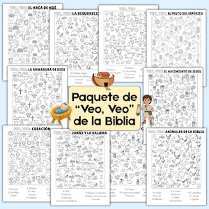 Peut inclure: Un ensemble de feuilles d'activités imprimables présentant des illustrations en noir et blanc sur des thèmes bibliques. Chaque page comprend un jeu de recherche 'Veo, Veo' avec diverses icônes, accompagné d'un panneau jaune central intitulé 'Paquete de Veo, Veo de la Biblia'.