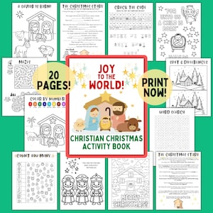 May include: A 20-page Christian Christmas activity book featuring a central cover with a nativity scene and the text Joy to the World. The collection includes black and white colouring pages, mazes, word searches, and spot the difference puzzles.