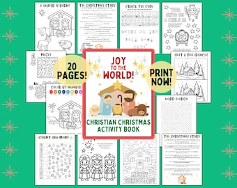 May include: A 20-page Christian Christmas activity book featuring a central cover with a nativity scene and the text Joy to the World. The collection includes black and white coloring pages, mazes, word searches, and spot the difference puzzles.