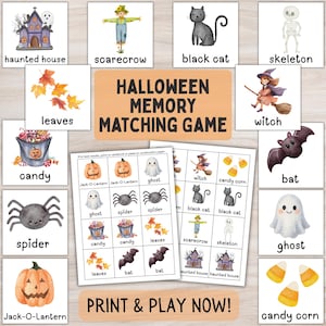 May include: A Halloween memory matching game featuring printable cards with watercolor illustrations of a haunted house, scarecrow, black cat, skeleton, leaves, witch, candy, bat, ghost, spider, jack-o-lantern, and candy corn with text labels.