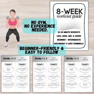 K&ouml;nnte beinhalten: Ein illustrierter 8-Wochen-Trainingsplan mit einer Frau, die mit Kurzhanteln trainiert. Der Plan beinhaltet anf&auml;ngerfreundliche &Uuml;bungen f&uuml;r Beine, Arme, Bauchmuskeln und Cardio. Der Text lautet: "Kein Fitnessstudio. Keine Erfahrung erforderlich."
