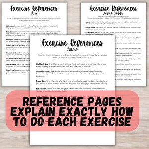 K&ouml;nnte beinhalten: Referenzseiten mit &Uuml;bungsbeschreibungen f&uuml;r Bauchmuskeln, Arme und Beine & Cardio. Jede Seite listet &Uuml;bungen mit Anweisungen auf. Der Text "REFERENCE PAGES EXPLAIN EXACTLY HOW TO DO EACH EXERCISE" befindet sich in einem roten Banner.