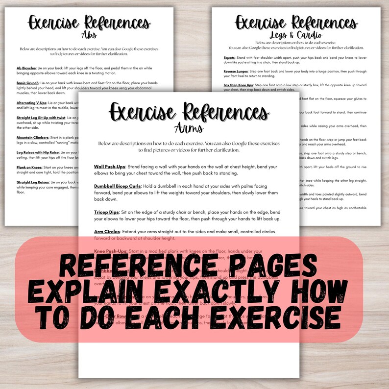 K&ouml;nnte beinhalten: Referenzseiten mit &Uuml;bungsbeschreibungen f&uuml;r Bauchmuskeln, Arme und Beine & Cardio. Jede Seite listet &Uuml;bungen mit Anweisungen auf. Der Text "REFERENCE PAGES EXPLAIN EXACTLY HOW TO DO EACH EXERCISE" befindet sich in einem roten Banner.