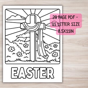 May include: Black and white line art of a cross with a draped cloth, set against a sunburst and clouds. The word "EASTER" is at the bottom. Text on the side reads "20 PAGE PDF - US LETTER SIZE 8.5X11IN".