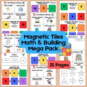 May include: A collection of 25 pages of educational materials featuring magnetic tiles. The pages include math problems, building challenges, and shape recognition activities. Colorful illustrations and text are used to engage children in learning.